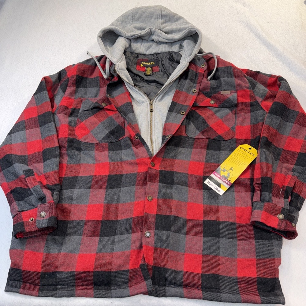 Stanley Hooded Flannel Shirt Jacket Mens XXL  Red, Black, Buffalo Plaid Quilted